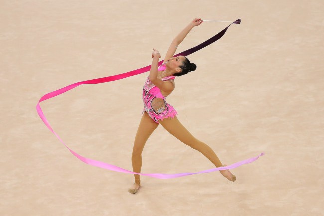 Lili Mizuno of Team United States competes on Rhythmic Gymnastics - Individual Ribbon Final on Day 15 of Santiago 2023 Pan Am Games on November 04, 2023 in Santiago, Chile.