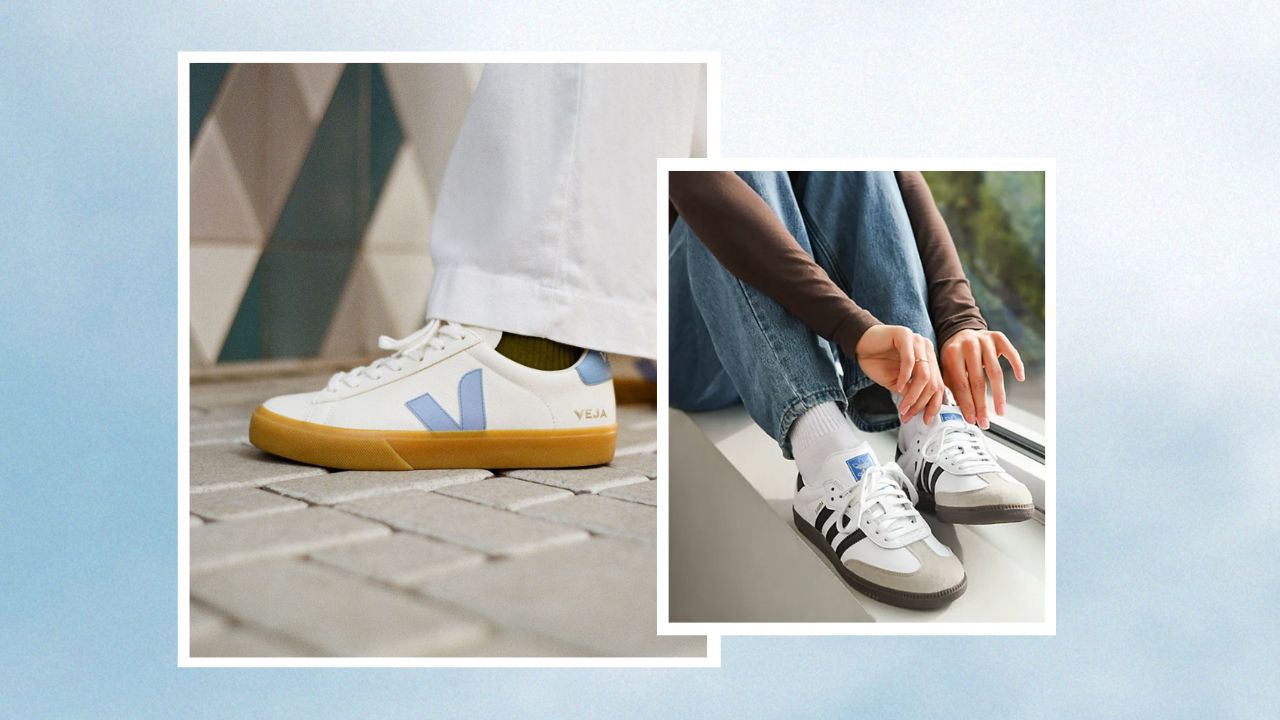 Veja and Sambas sneakers side by side on a cloud background.