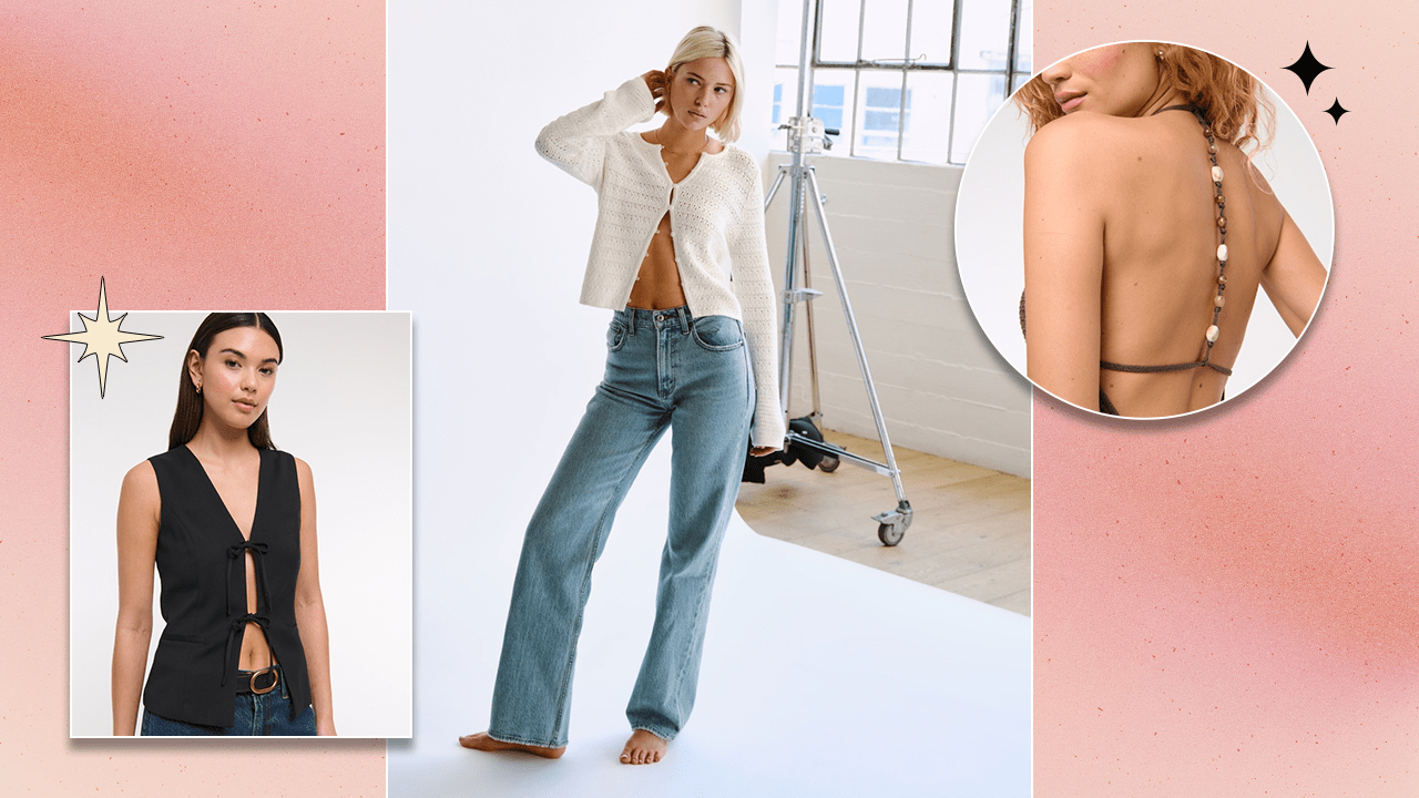 Left to Right: an Abercrombie model wearing a black vest top with bow ties; an Abercrombie model wearing a white half-buttoned cardigan sweater with blue jeans; an Abercrombie model wearing a brown crochet dress with bead detailing down the back.