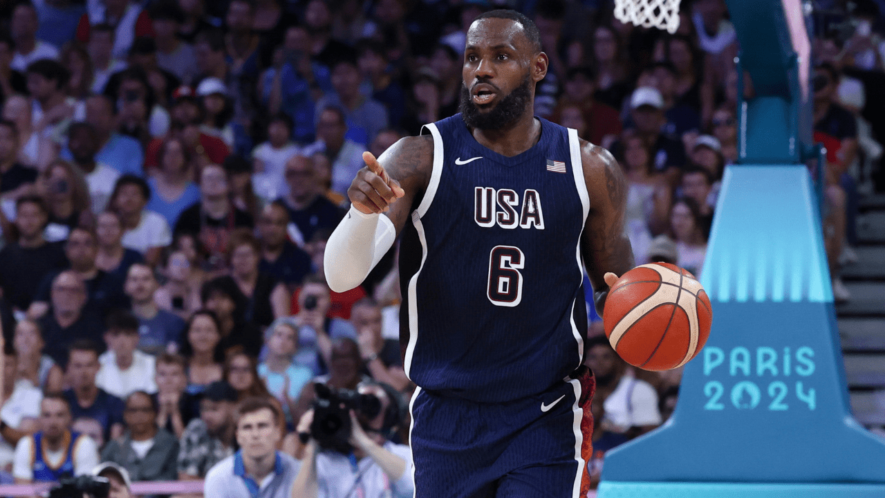 LeBron James #6 of Team USA looks on during the Men's Group Phase - Group C match between Serbia and USA on Day 2 of the Olympic Games Paris 2024 at Stade Pierre Mauroy on July 28, 2024 in Lille, France.