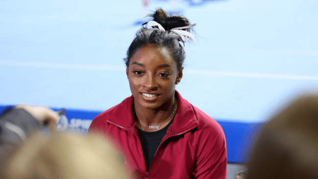 Simone Biles speaks with the media following the Core Hydration Classic at Now Arena on August 05, 2023 in Hoffman Estates, Illinois.