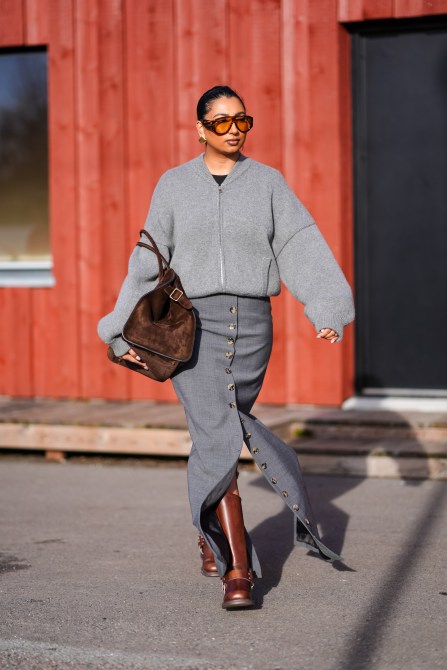STYLECASTER | Minimalist Outfit Ideas, grey comber jacket, maxi skirt, boots