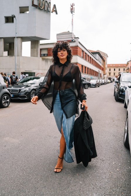STYLECASTER | How to Style a Denim Skirt, sheer black blouse, heels