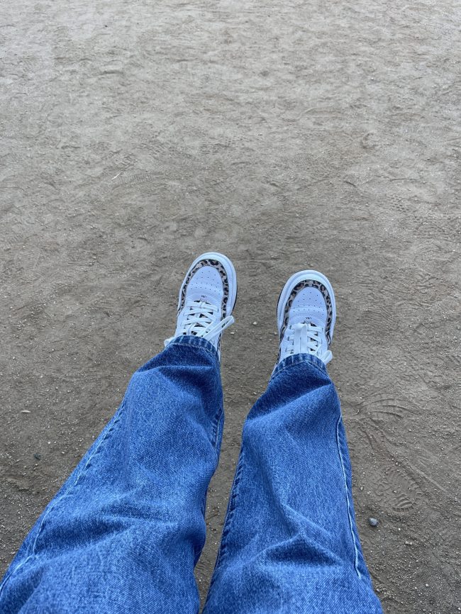 White and leopard skate shoes