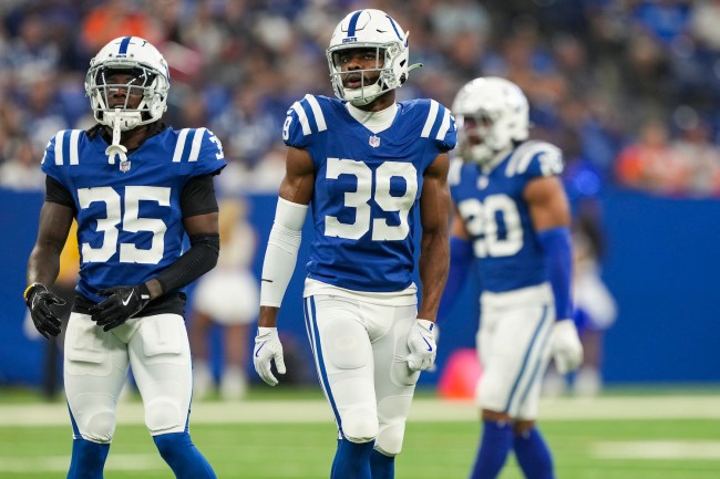 Chris Lammons #35 of the Indianapolis Colts and Darrell Baker Jr. #39 stand on the field during an NFL preseason football game against the Denver Broncos at Lucas Oil Stadium on August 11, 2024 in Indianapolis, Indiana.