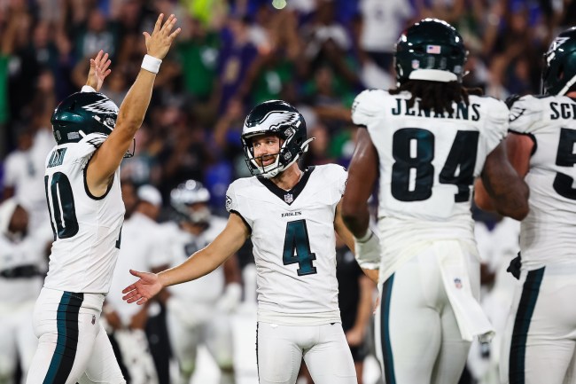 Jake Elliott #4 of the Philadelphia Eagles celebrates with Braden Mann #10 after kicking the game winning field goal against the Baltimore Ravens during the second half of a preseason game at M&T Bank Stadium on August 9, 2024 in Baltimore, Maryland.