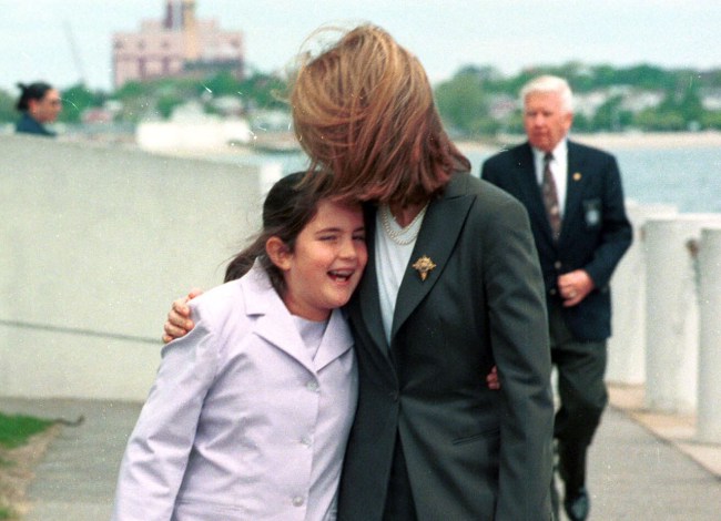 Caroline Kennedy Schlossberg hugs daughter Tatiana Schlossberg outside the JFK Library after handing out the John F. Kennedy Profile in Courage Award May 22, 2000 in Boston, MA.
