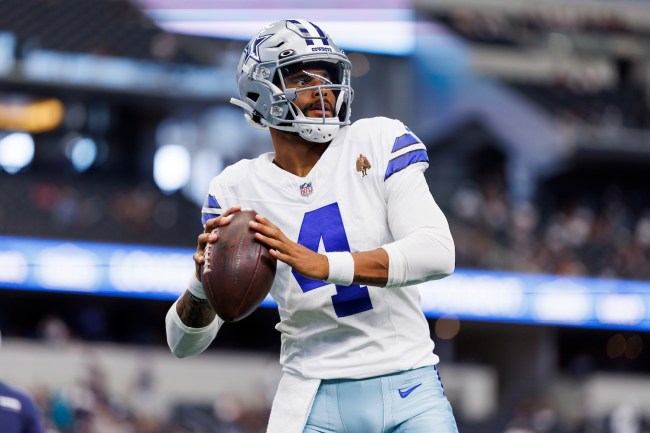 Dak Prescott #4 of the Dallas Cowboys looks to throw a pass during pregame warmups prior to an NFL preseason football game against the Jacksonville Jaguars at AT&T Stadium on August 12, 2023 in Arlington, Texas.