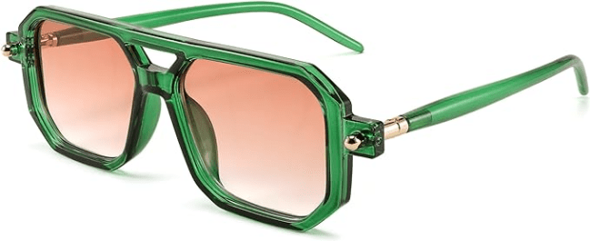 FEISEDY Vintage Square 70s Flat Aviator Sunglasses in transparent green frames with orange gradient lenses