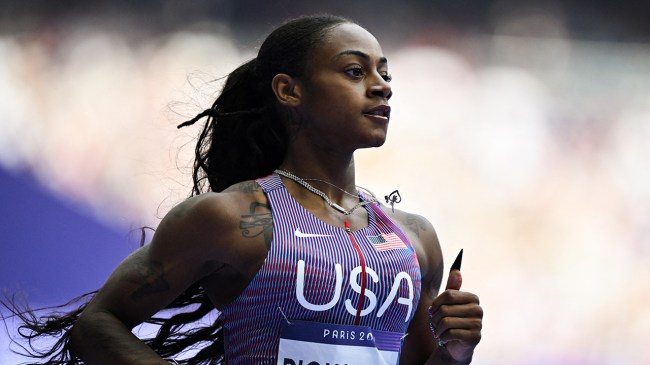 US' Sha'Carri Richardson competes in the women's 100m heat of the athletics event at the Paris 2024 Olympic Games at Stade de France in Saint-Denis, north of Paris, on August 2, 2024.
