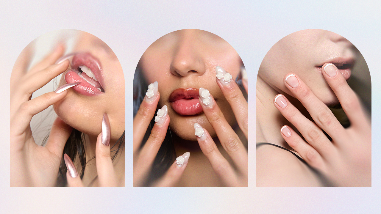 A collage of chrome nails, nail charms, and French tips.