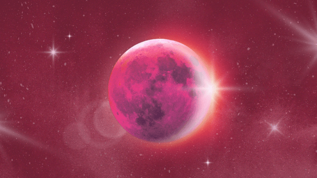A lunar eclipse radiating a bright magenta red color over a deep red sparkly sky