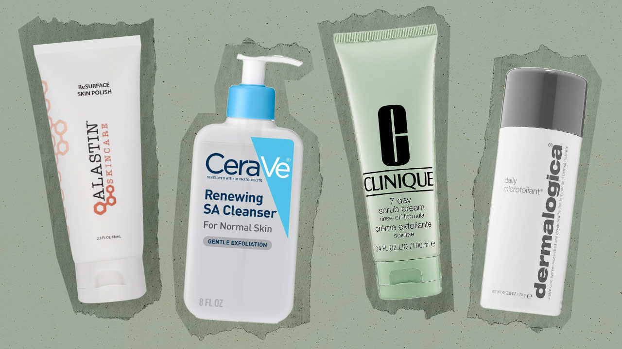 A collage of Alastin, CeraVe, Clinique, and Dermalogica exfoliators.