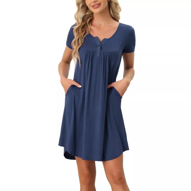 Cheibear Short Sleeve Lounge Nightgown in blue
