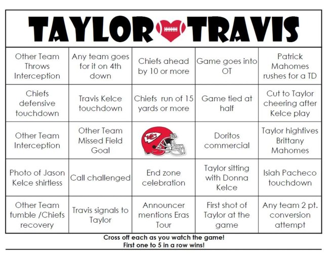 A Taylor Swift and Travis Kelce-themed bingo card