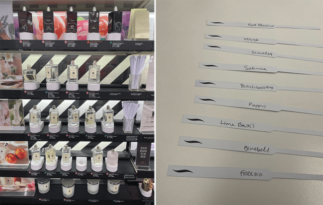Left: Jo Malone London fragrance section at Sephora. Right: Jo Malone Sephora tester strips.