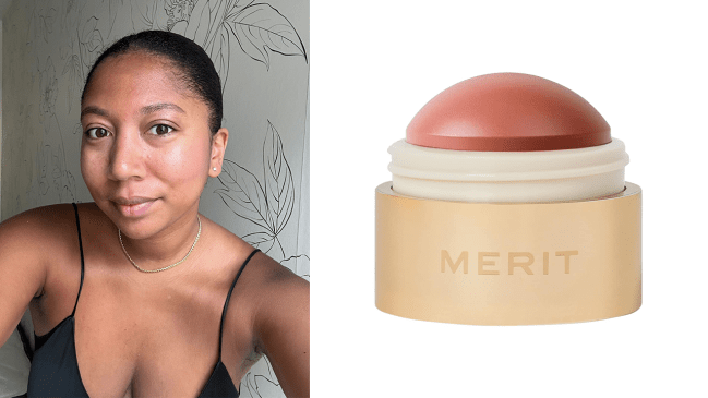 Left: Robyn is wearing the Merit Beauty Flush Balm in Beverly Hills; Right: the Merit Beauty Flush Balm in Beverly Hills.