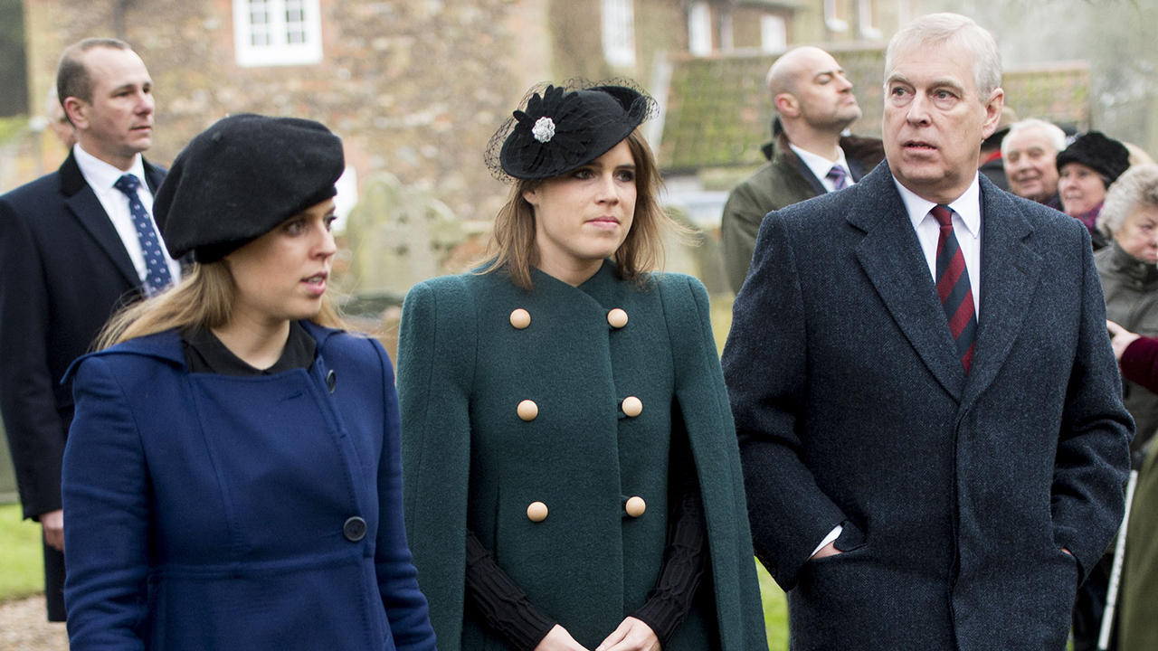 Princess Eugenie and Princess Beatrice with Prince Andrew, Duke of York arrive at St Lawrence Church on January 21, 2018 in Castle Rising, England.