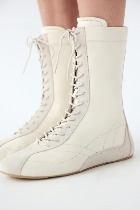 Zara Lace Up Flat Leather Ankle Boots in white