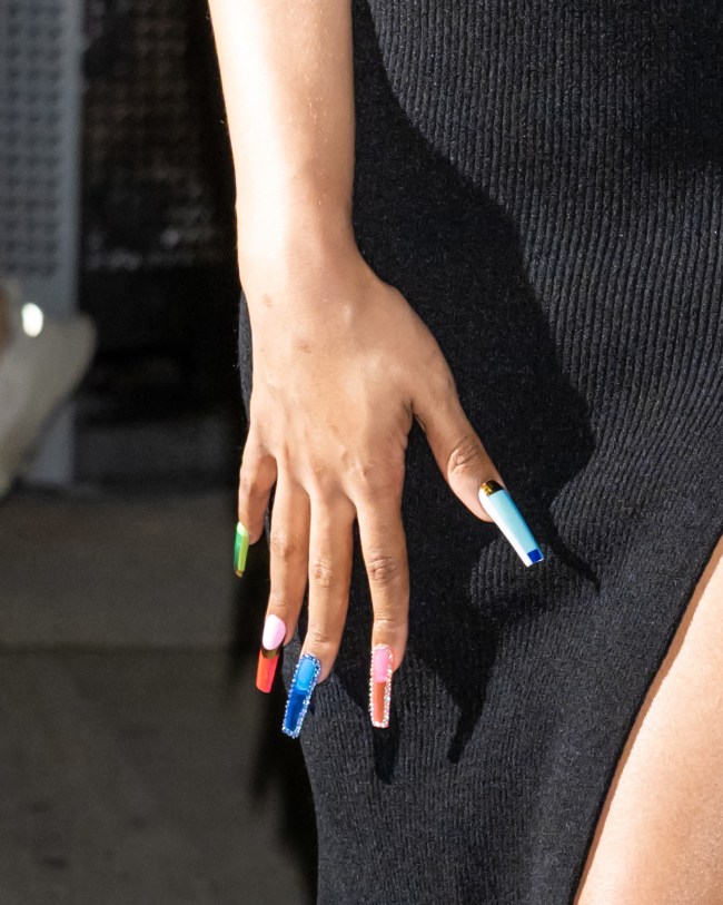 Megan Thee Stallion, nails detail, is seen arriving to the God's Love We Deliver Golden Heart Awards at Cathedral of St. John the Divine on October 21, 2024 in New York City.