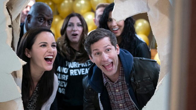 BROOKLYN NINE-NINE -- "The Last Day, Part 2" Episode 810 -- Pictured: (l-r) Andre Braugher as Ray Holt, Melissa Fumero as Amy Santiago, Chelsea Peretti as Gina, Stephanie Beatriz as Rosa Diaz, Andy Samberg as Jake Peralta