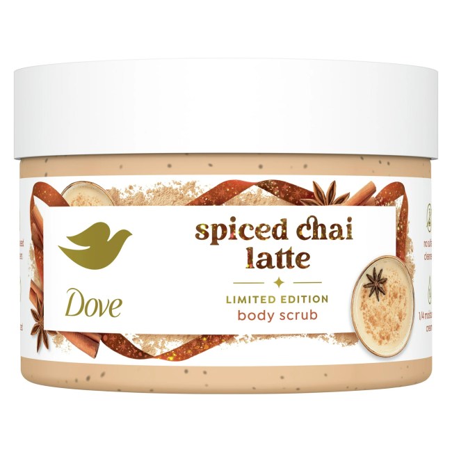 Dove Spiced Chai Latte Body Scrub in a clear pot.