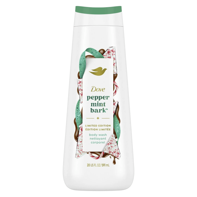 Dove Peppermint Bark Body Wash in a white bottle.
