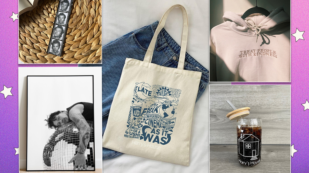 Left to Right: Harry Styles photo strip bookmark, Harry Styles black and white poster, Harry Styles "As It Was" tote bag, Harry Styles "Treat People With Kindness" sweatshirt, Harry Style's "Harry's House" glass cup.