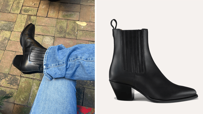 Left: Jen wearing the Margaux Agnes Boot in black with blue jeans; Right: a product shot of the Margaux Agnes Boot in black.