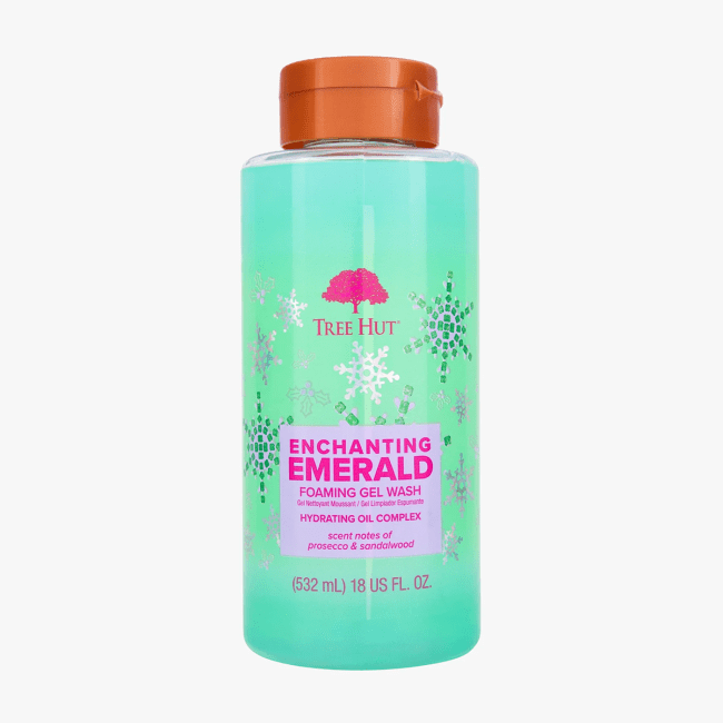 Tree Hut Enchanting Emerald Foaming Gel Body Wash in a green bottle.