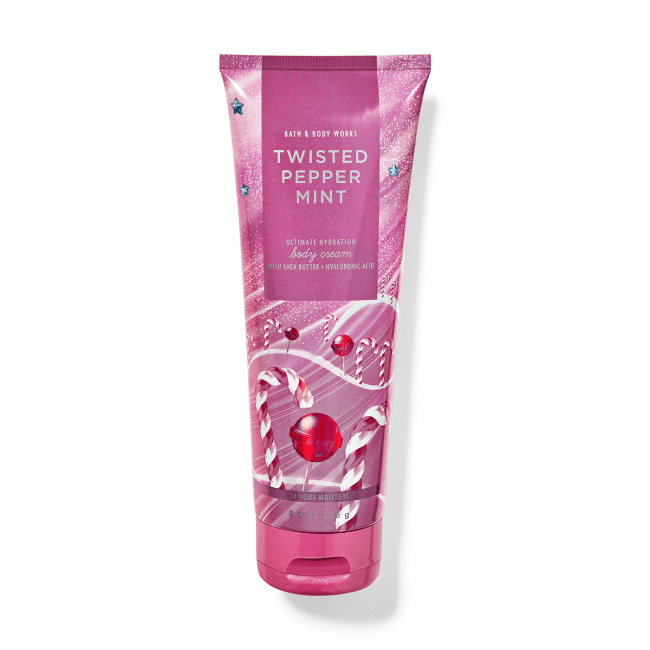 Bath & Body Works Twisted Peppermint Body Cream in a pink bottle.