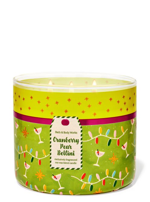 Cranberry Pear Bellini 3-Wick Candle in a green jar.