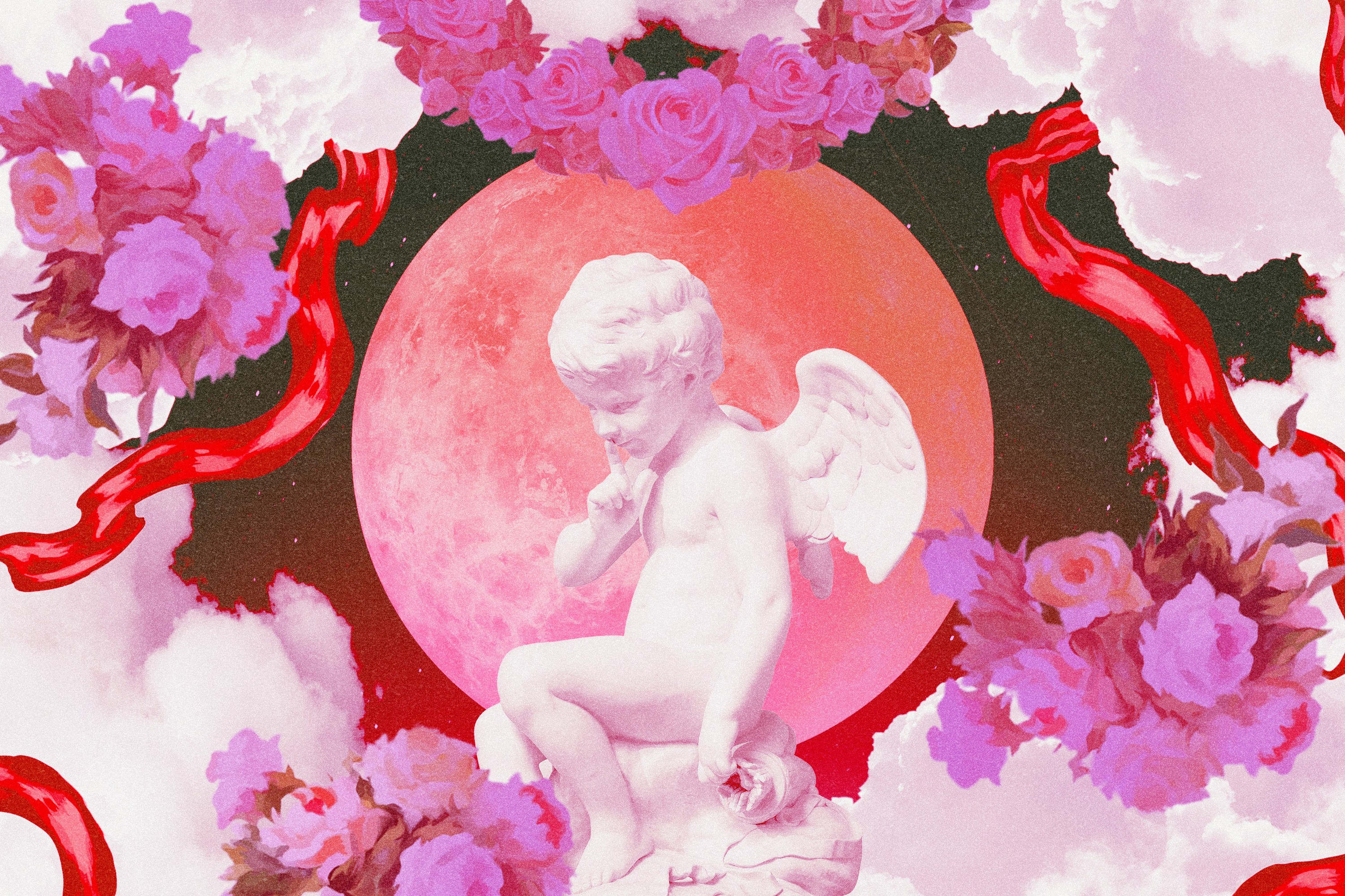A statue of Cupid in front of a pink planet, surrounded by fluffy clouds, pink roses, and red ribbons