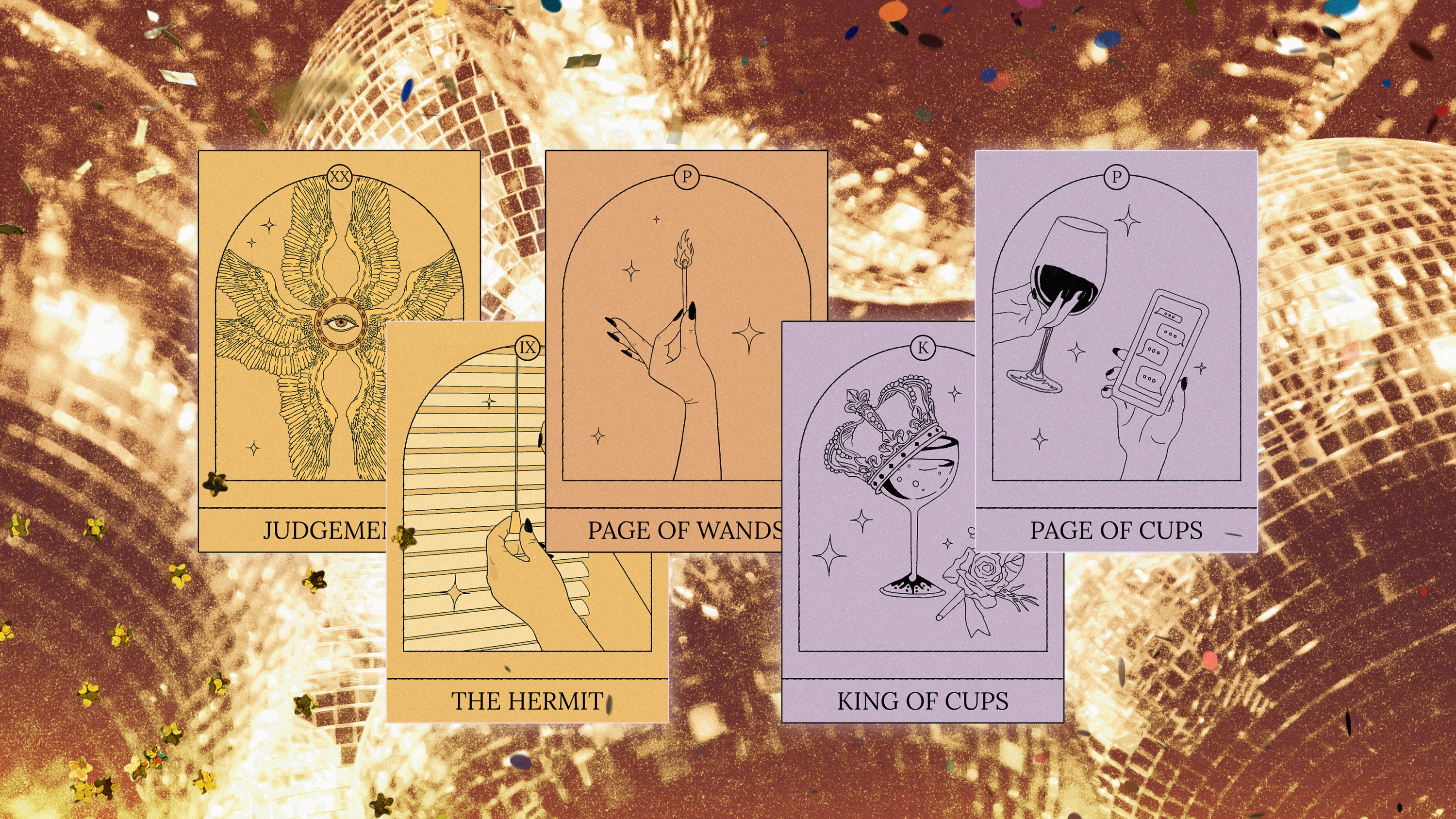 Five Tarot cards (Judgement, The Hermit, Page of Wands, King of Cups, Page of Cups) all arranged over a golden disco ball background
