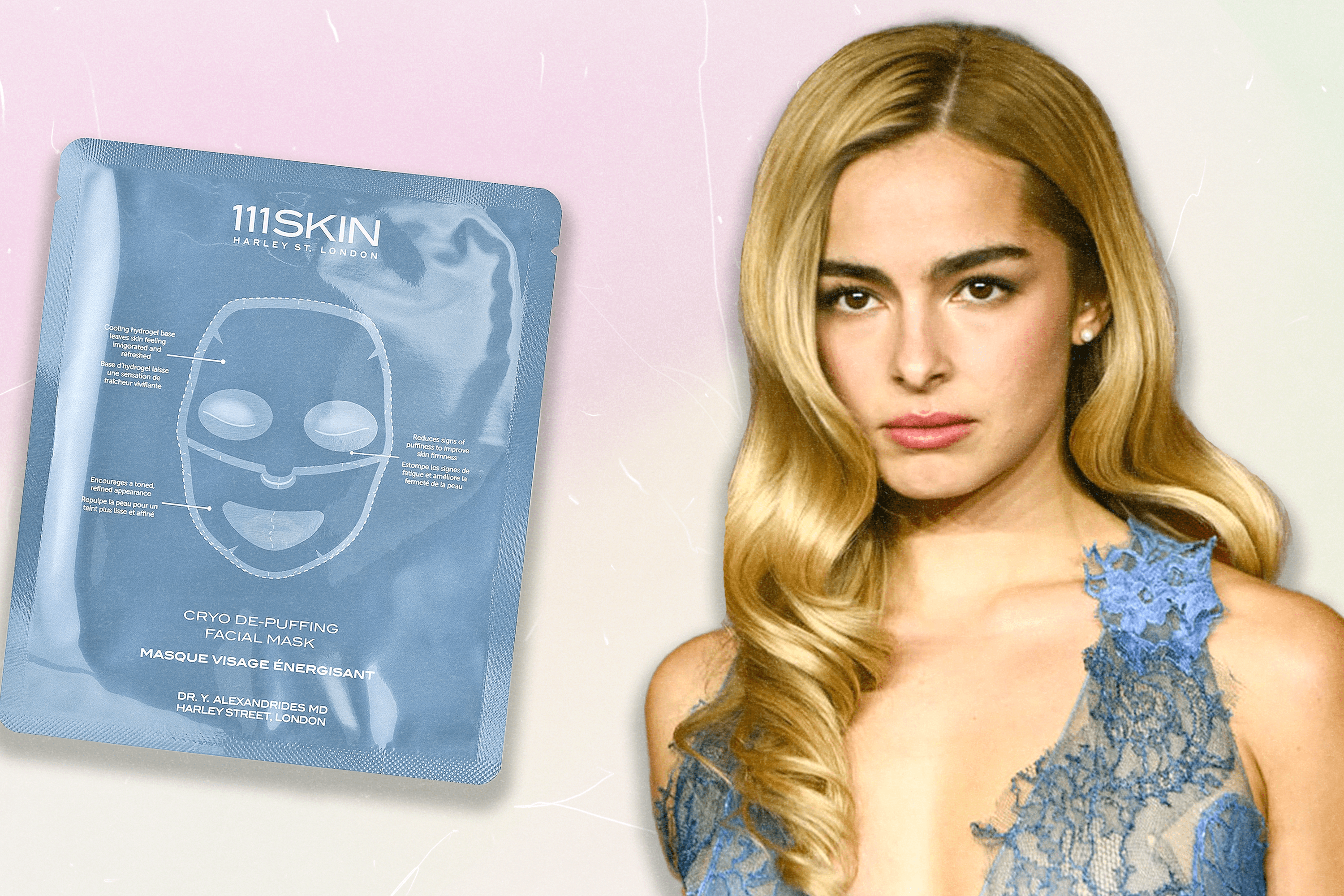 Addison Rae next to the 111SKIN Cryo De-Puffing Face Mask.