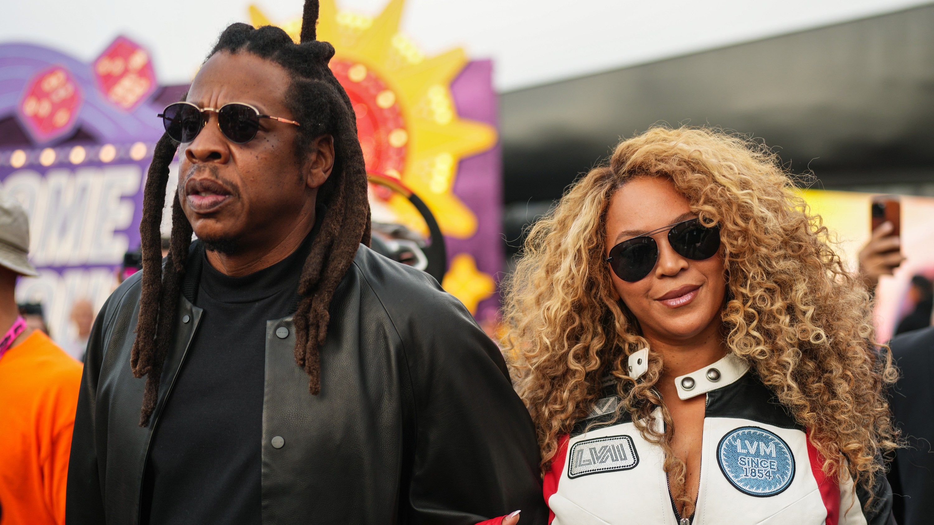 LAS VEGAS, NEVADA - NOVEMBER 22: Jay-Z and Beyonce arrive in the Paddock prior to the F1 Grand Prix of Las Vegas at Las Vegas Strip Circuit on November 22, 2025 in Las Vegas, Nevada.