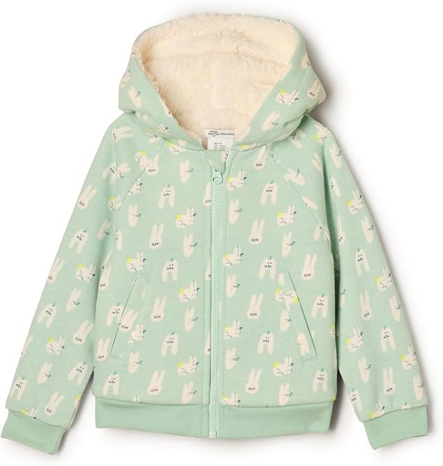 A light green kids hoodie with bunny illustrations from the Sofia Grainge x Amazon Essentials collection