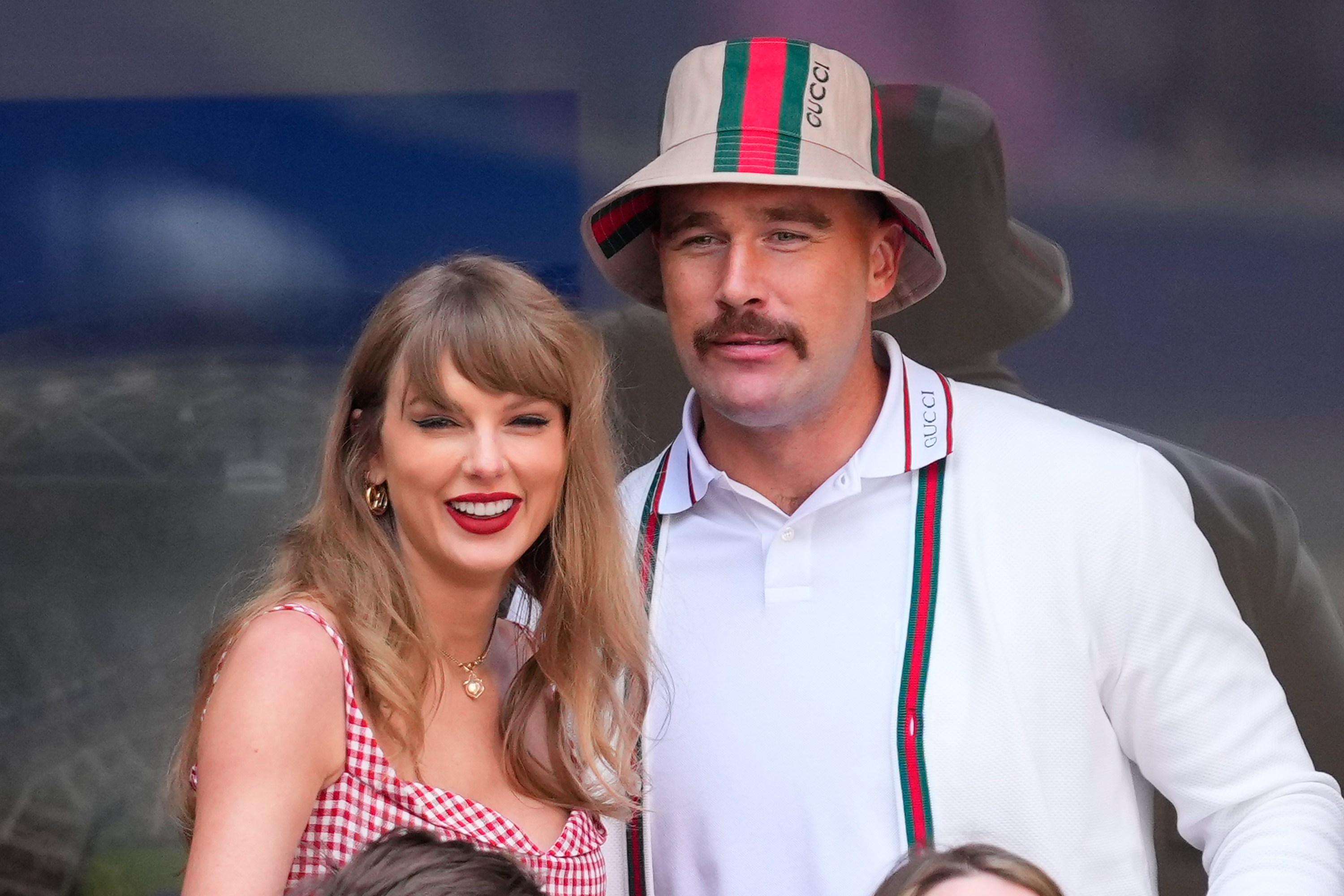 NEW YORK, NEW YORK - SEPTEMBER 08: Taylor Swift and Travis Kelce are seen at the Men's Final between Fritz and Sinner at the 2024 US Open Tennis Championships on September 08, 2024 in New York City.