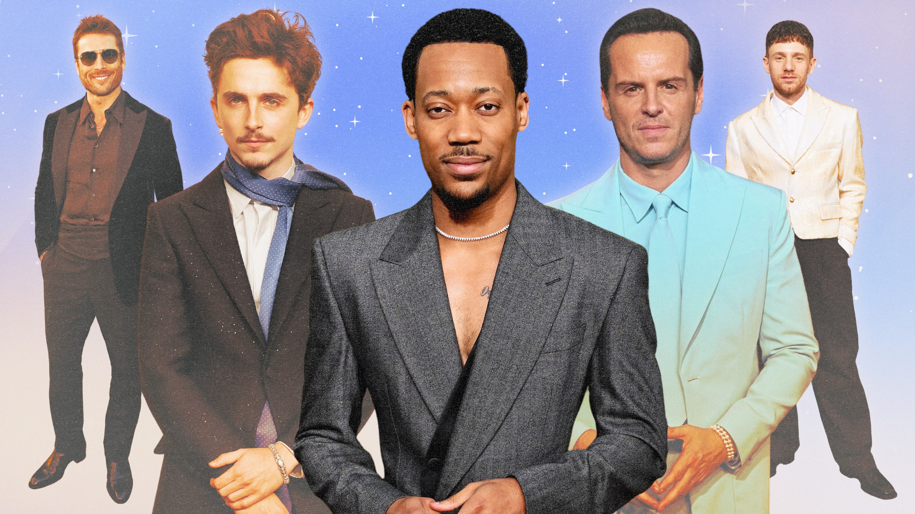 A collage of the best-dressed men at the 2025 Golden Globes