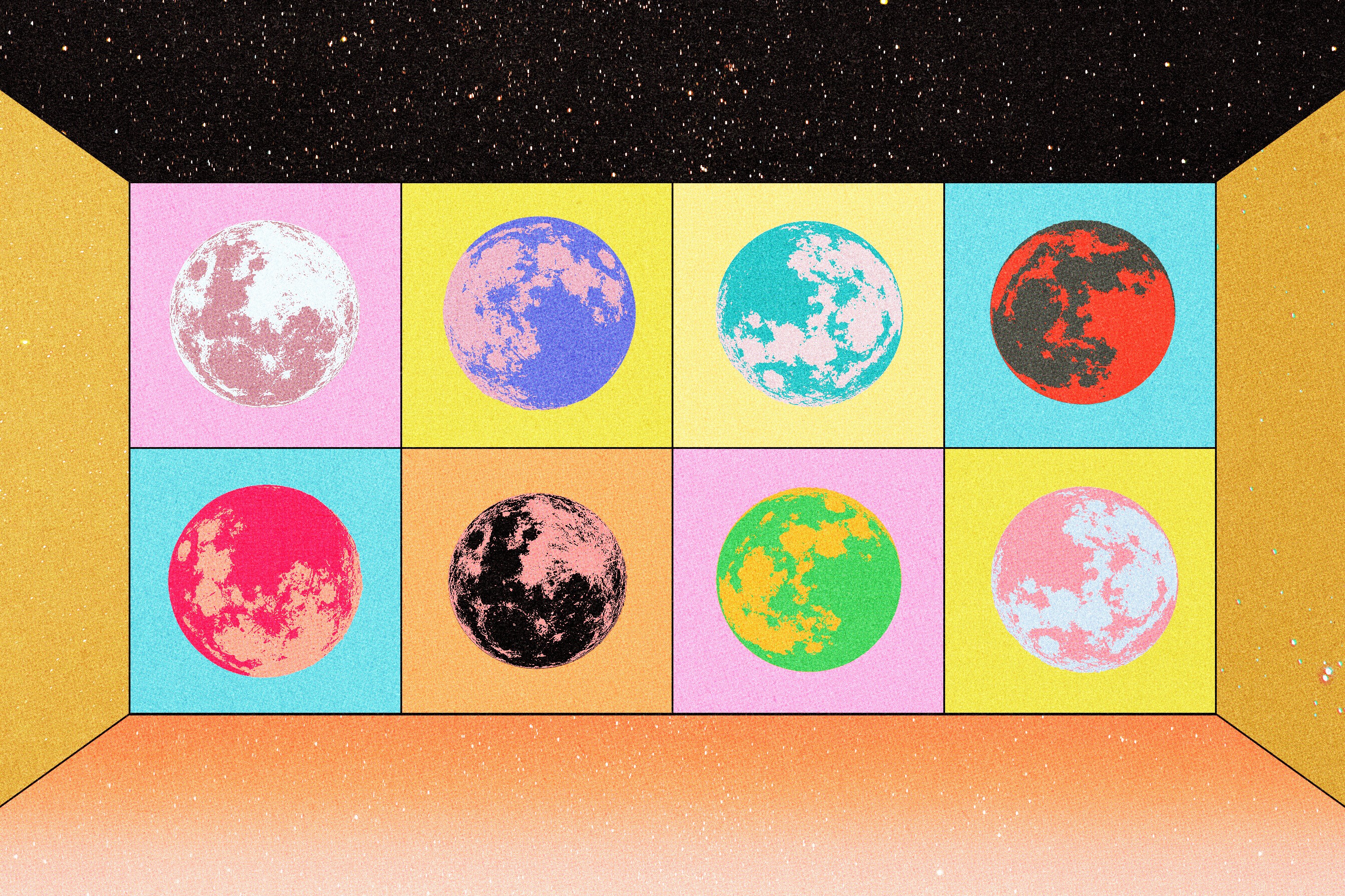 A series of pop art-inspired full moons over a cubic background in outer space