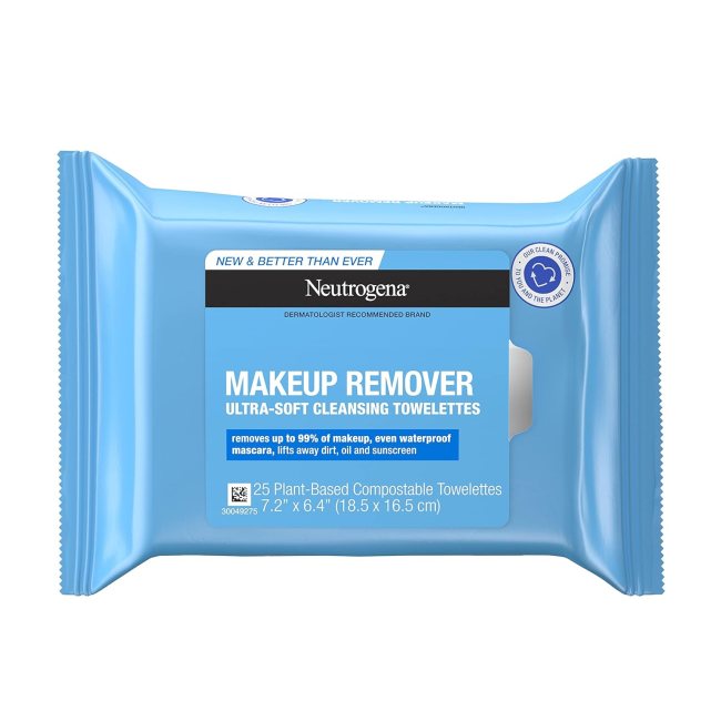 Neutrogena Makeup Remover Cleansing Towelettes in a blue bag.