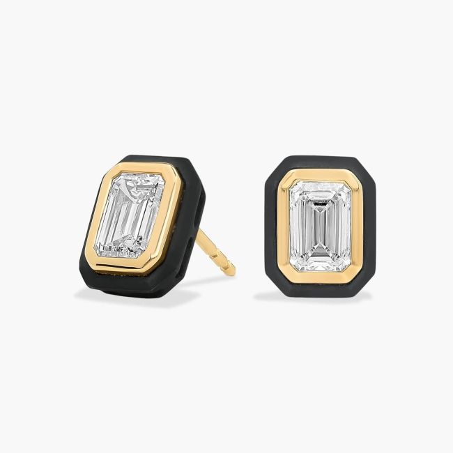 Emerald Cut Diamond Bezel Studs in 14K Yellow and Black Gold