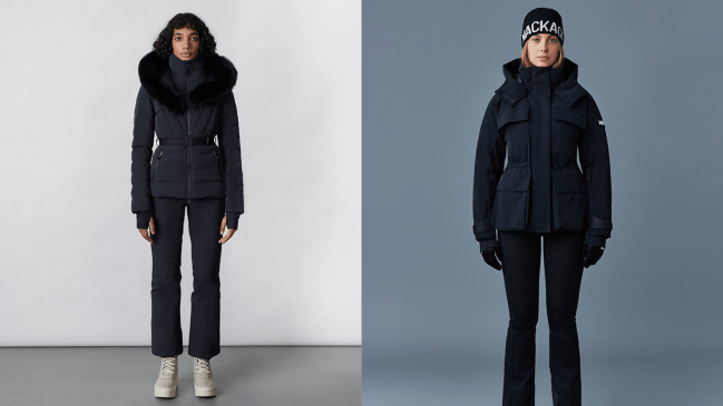 Two models wearing Mackage ski jackets
