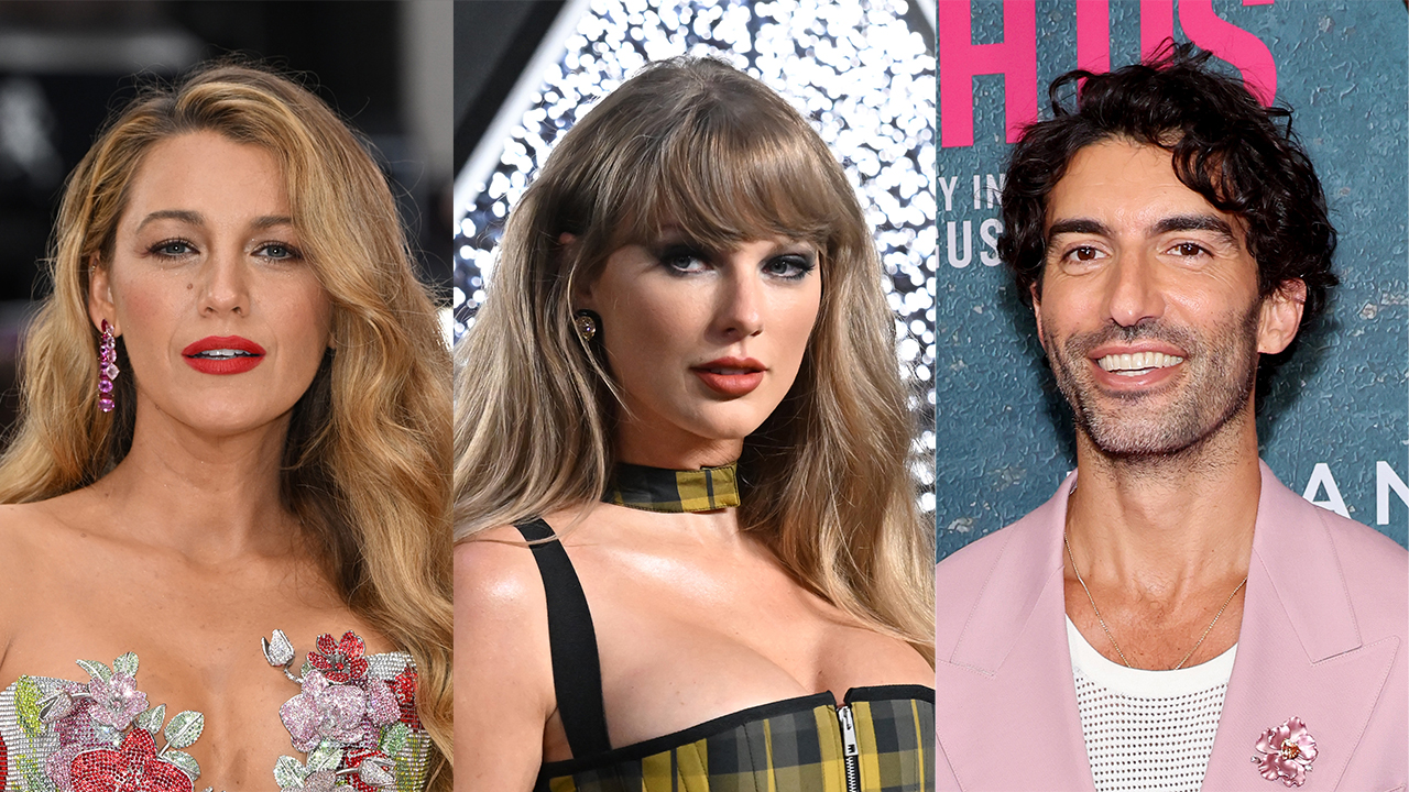 Blake Lively (a blonde white woman wearing florals), Taylor Swift (a blonde white woman wearing plaid), Justin Baldoni (a white man wearing a pink suit)