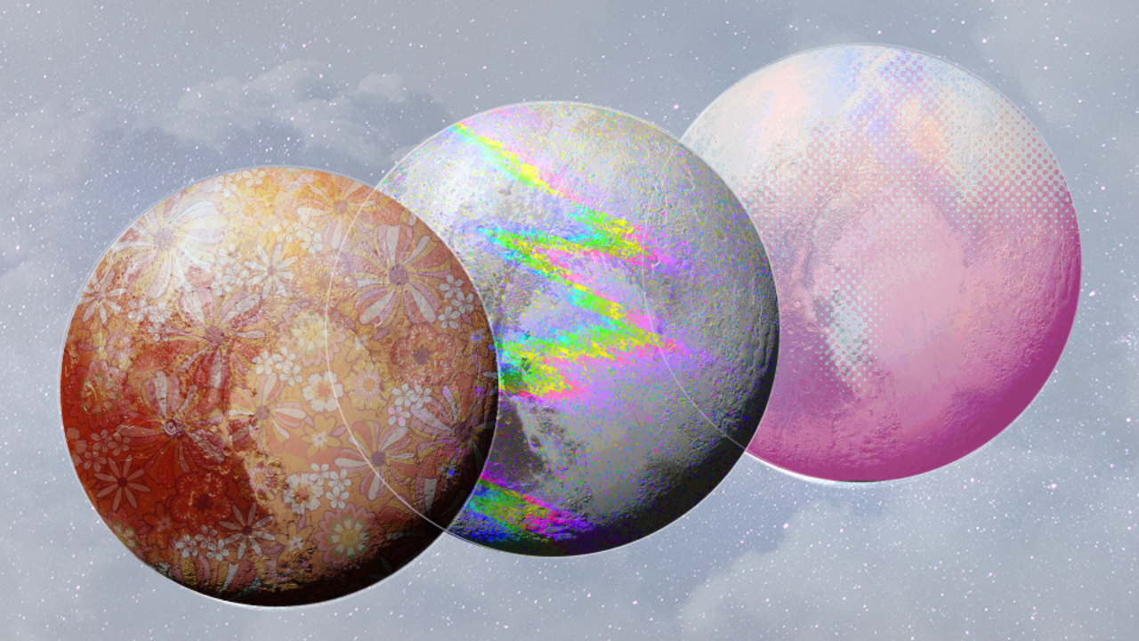 Planet Pluto three times with three different patterns of colors