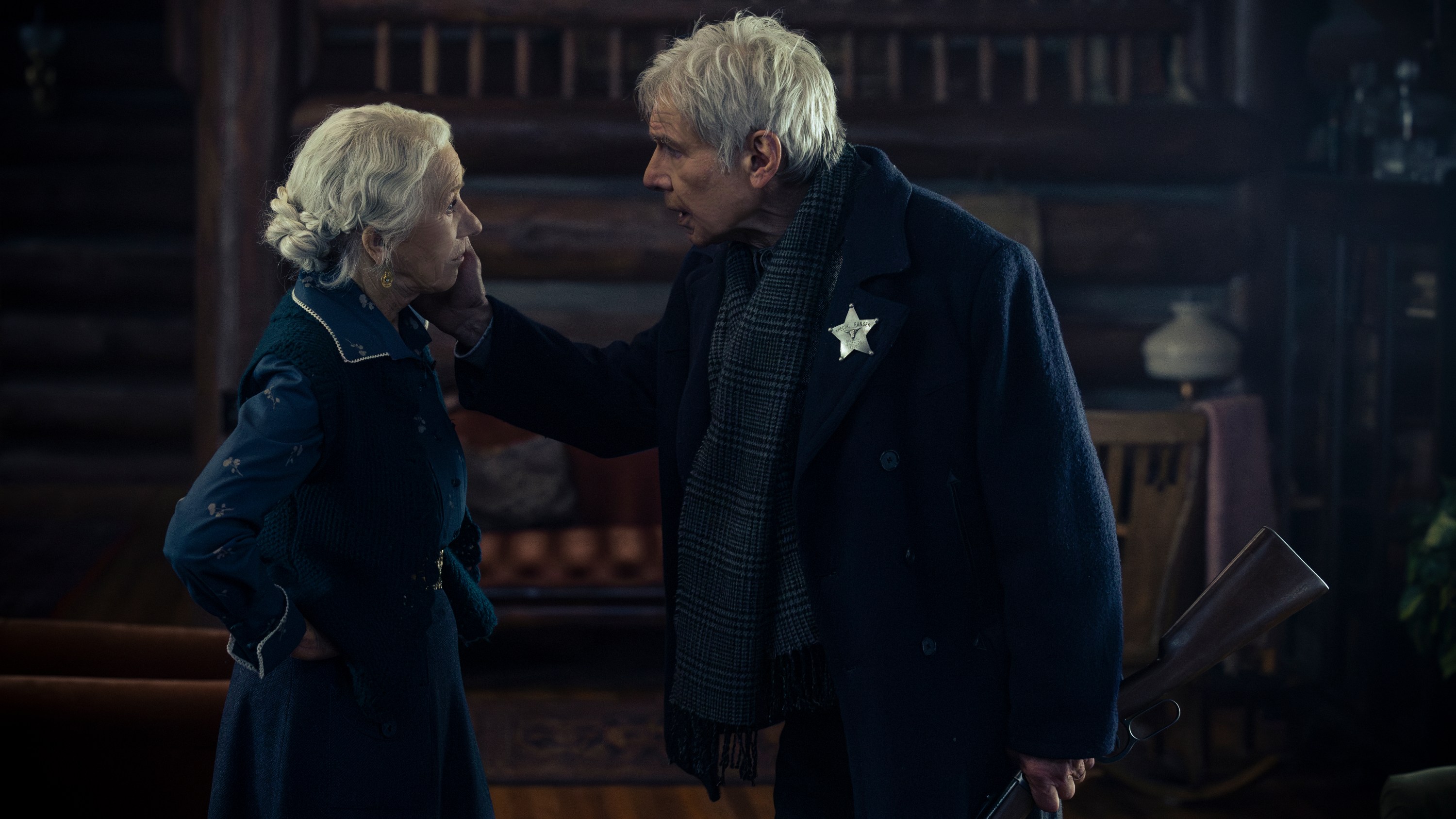 Helen Mirren as Cara Dutton and Harrison Ford as Jacob Dutton in season 2, episode 1 of 1923 streaming on Paramount+. Photo credit: Trae Patton/Paramount+.