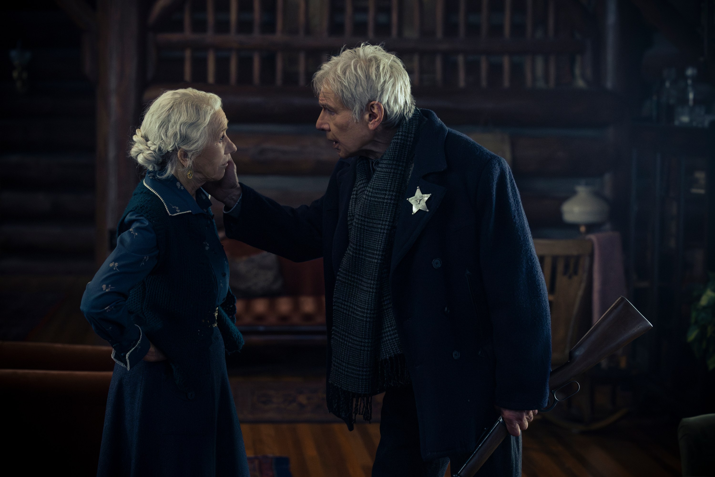 Helen Mirren as Cara Dutton and Harrison Ford as Jacob Dutton in season 2, episode 1 of 1923 streaming on Paramount+. Photo credit: Trae Patton/Paramount+.