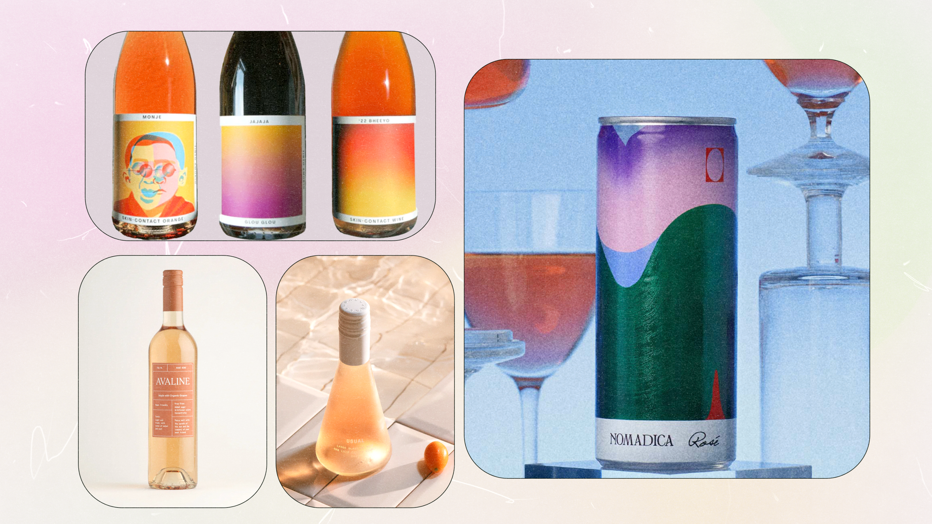 A collage of low sugar wines featuring drinks from Nomadica, Usual, Avaline, and Tinto Amorio.