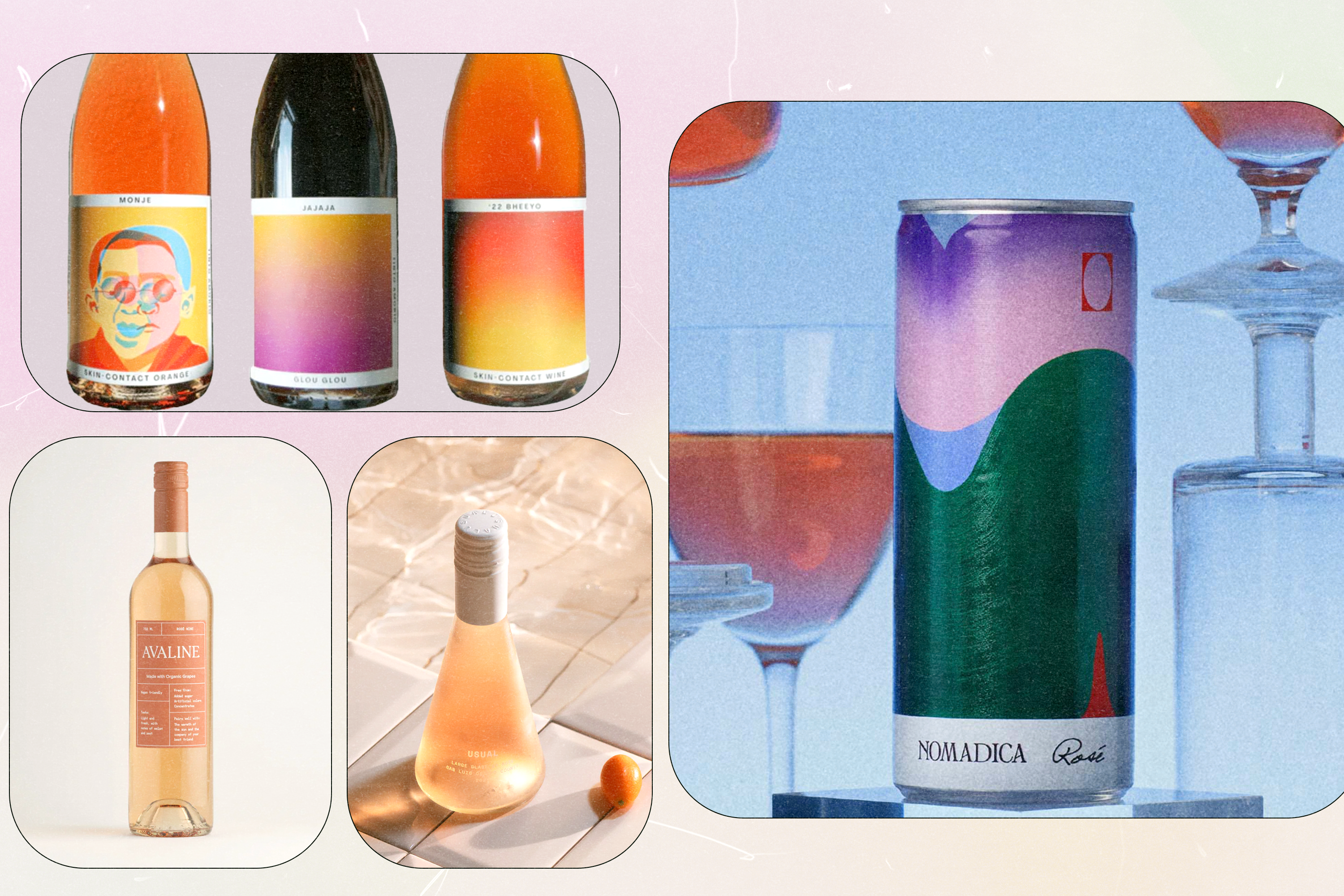 A collage of low sugar wines featuring drinks from Nomadica, Usual, Avaline, and Tinto Amorio.