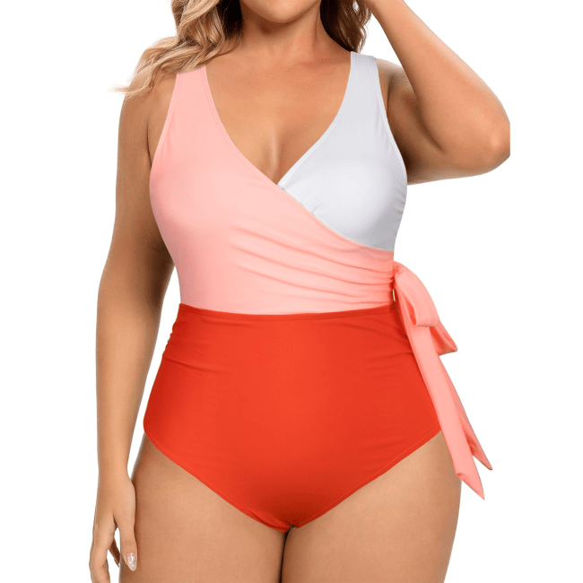 Chama Womens Plus Size Color Block Knot One Piece Swimsuit in pink, orange, white
